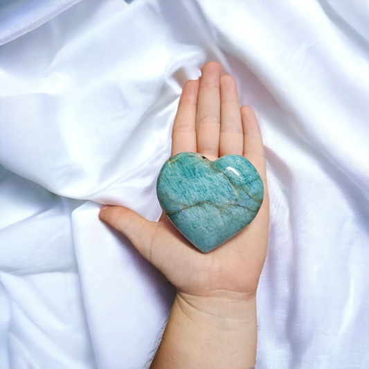 Amazonite crystal heart sold at Mind Soul Sync crystal store in Australia.