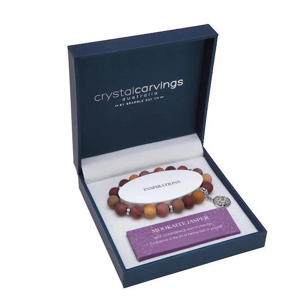 Beaded bracelet in a 'Crystal Carvings Australia' box on a white background