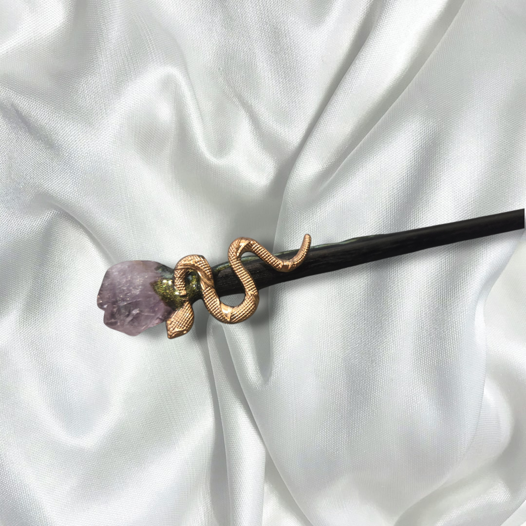 Amethyst Crystal Healing Wand | Gold Snake