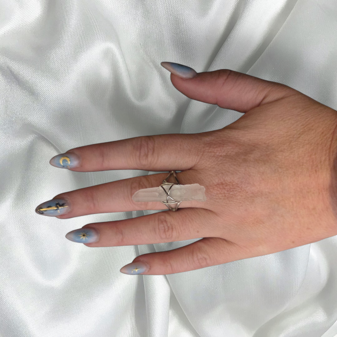 Clear Quartz Silver Adjustable Ring