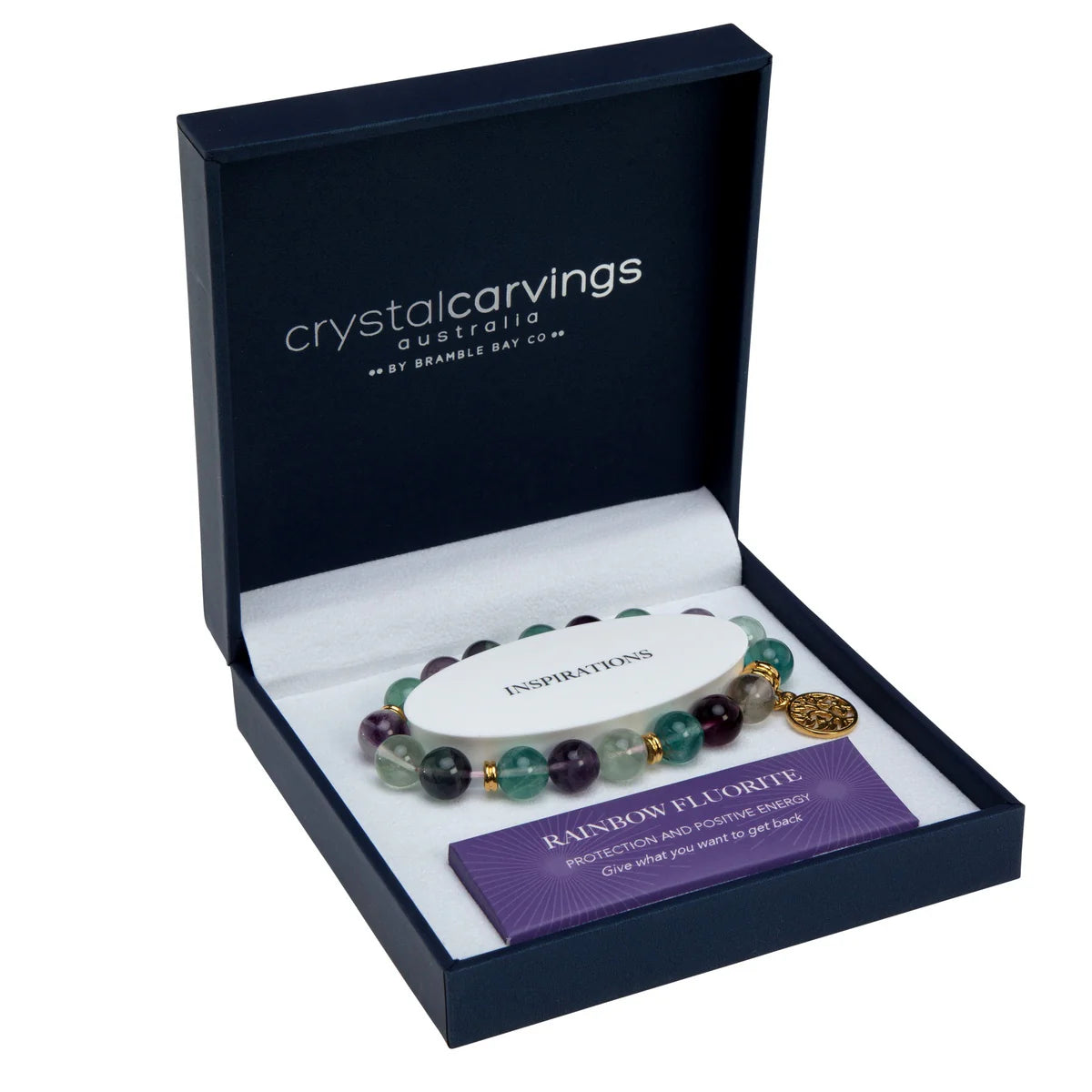 Bracelet in a 'Crystal Carvings Australia' box with a purple card.